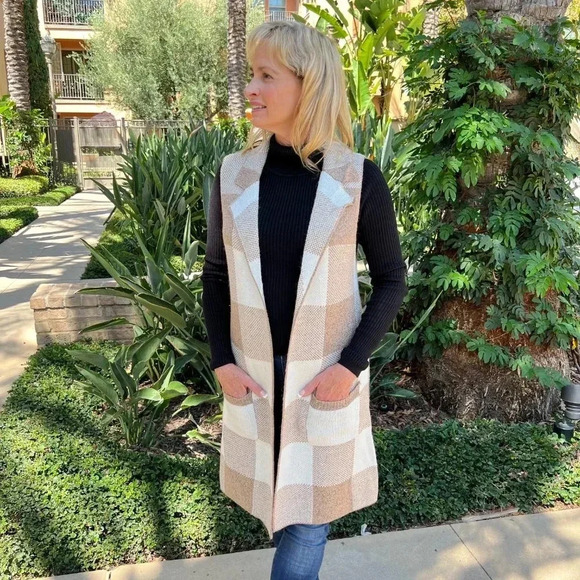 Love Tree Open Front Plaid Long Cardigan Vest Heather Khaki Brown With Pockets - Picture 2 of 10